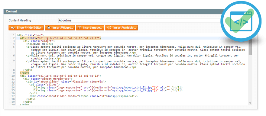 magento content editor with syntax highlighter