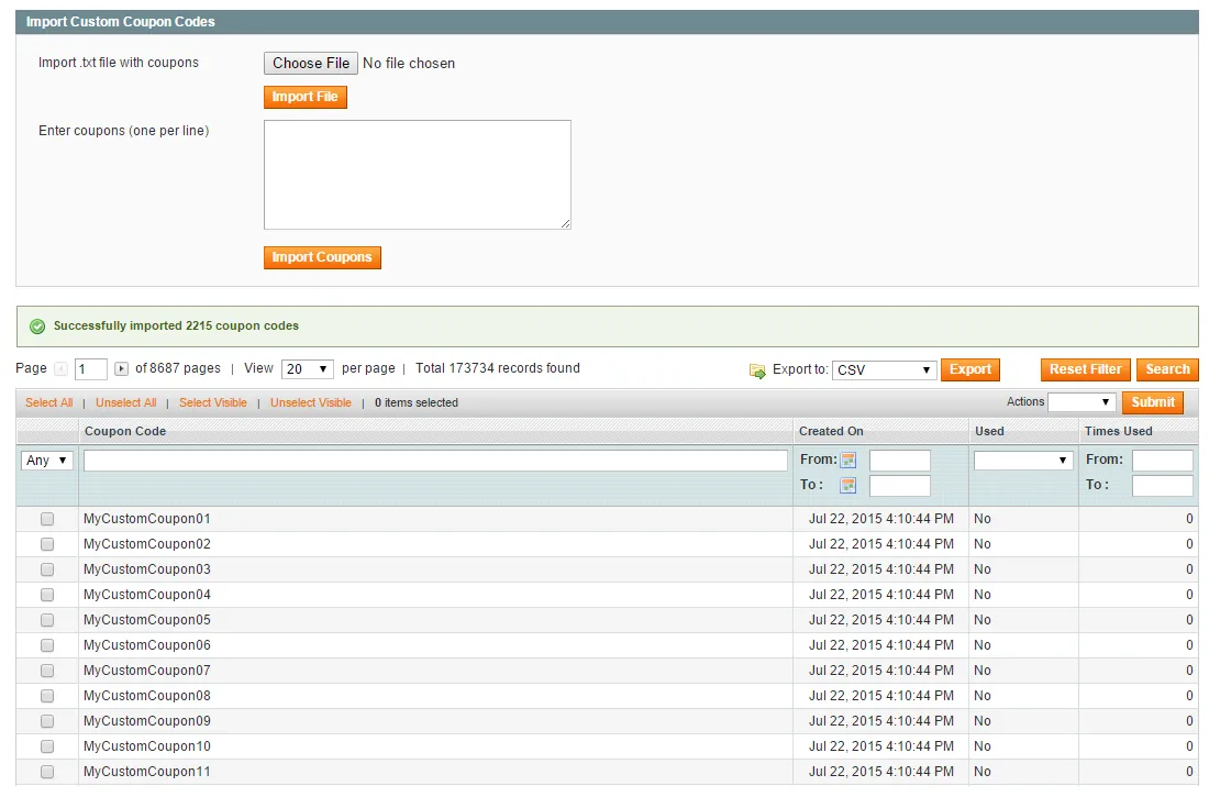 Manage coupon codes