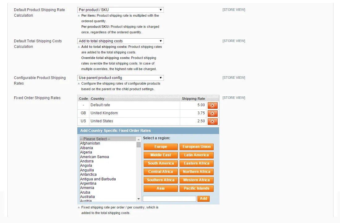Product shipping rates config screen (2 of 2)