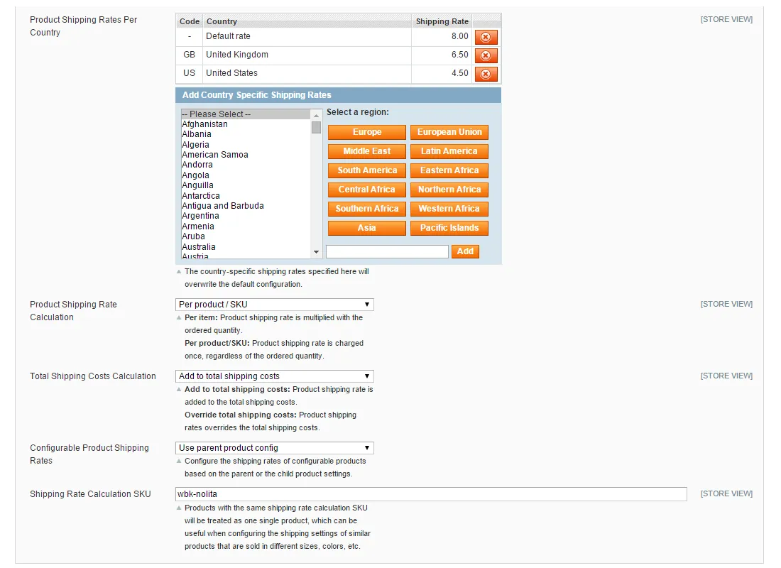 Configurable product shipping rates