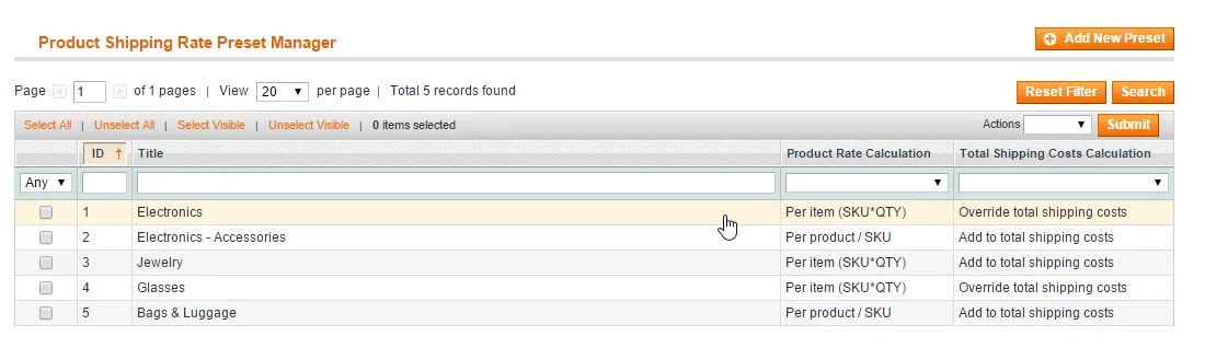 Product shipping rate preset manager