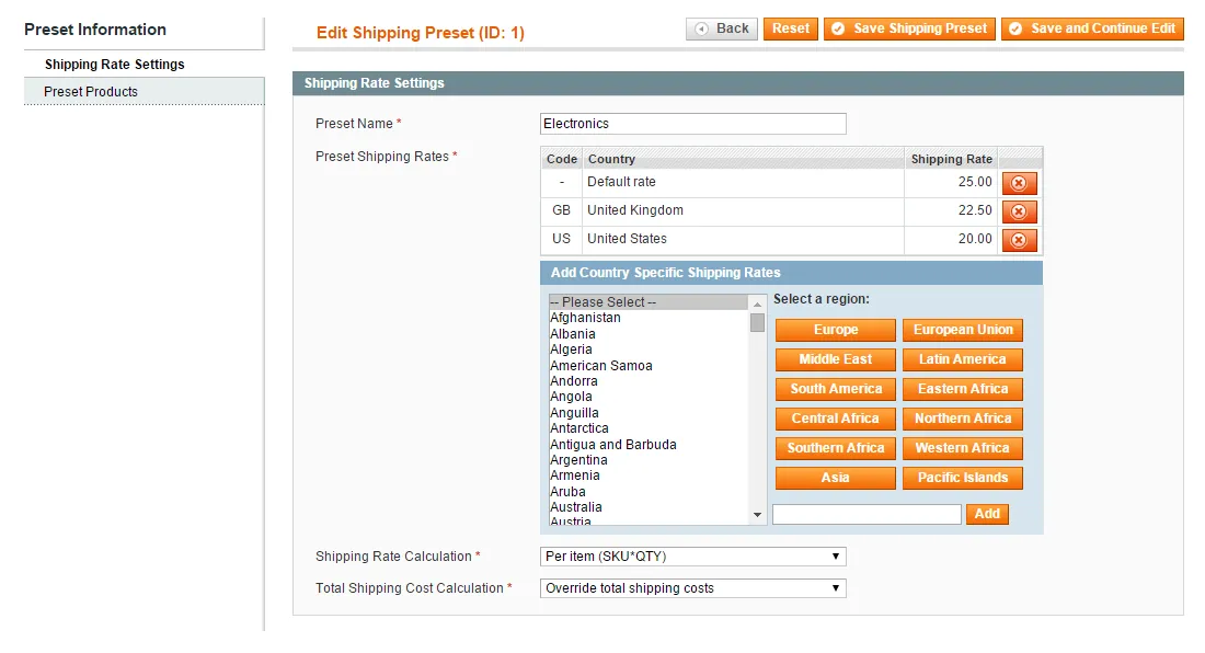 Preset shipping rate settings