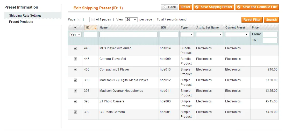Shipping rate preset products